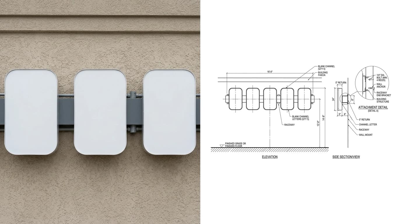 A photo showing three blank channel letter shapes mounted on a raceway on a stucco fascia on the left and the sign shop drawing on the right, showing the full five letter elevation, heights above grade, a section through a letter and an attachment detail