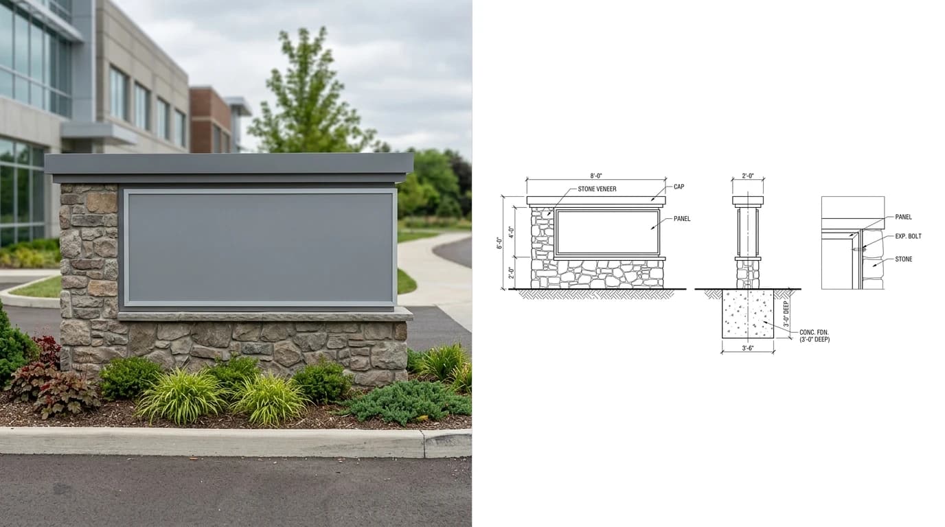A photo of a freestanding stone clad monument sign at a business park entrance on the left and its sign shop drawing on the right, showing a front elevation with heights above grade and a section through the base and concrete foundation