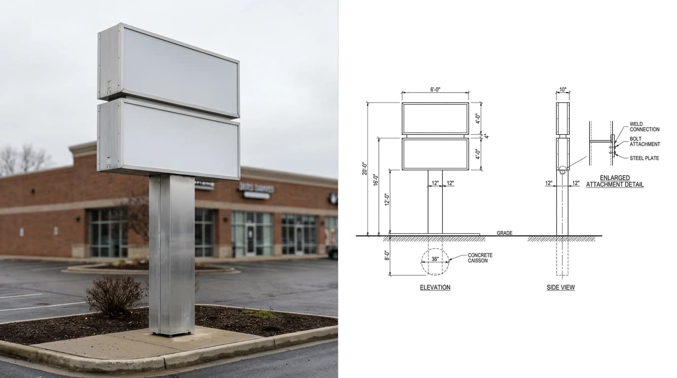 A photo of a tall roadside pylon sign on a single steel pole carrying two stacked blank cabinets on the left and its sign shop drawing on the right, showing the elevation with overall height above grade, the pole and the concrete caisson foundation below the grade line