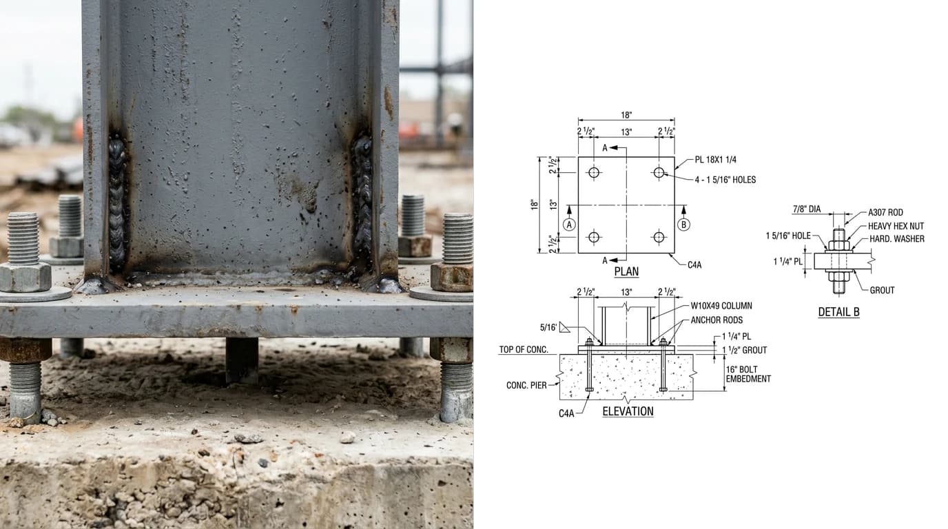 A photo of a steel column base plate on levelling nuts over four projecting anchor rods on the left and its shop drawing on the right, showing a dimensioned plan of the plate with piece mark C4A, an elevation and an enlarged anchor rod detail