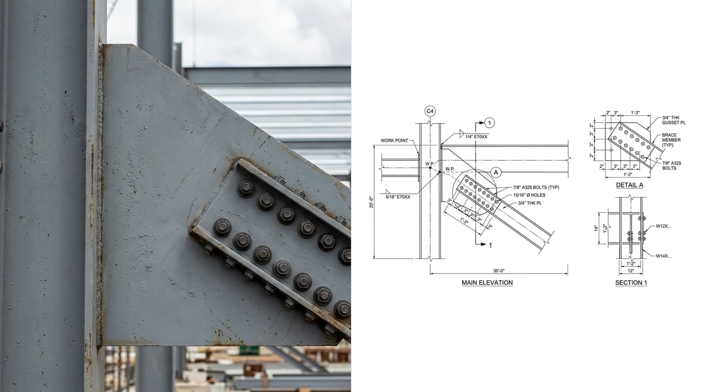 A photo of a large triangular gusset plate joining a column, a beam and a bolted diagonal brace on the left and its shop drawing on the right, showing the connection elevation with the work point marked where the member centre lines meet
