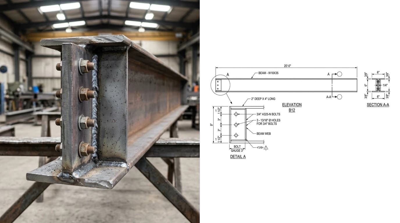 A photo of the end of a wide flange steel beam with a shop welded shear tab and punched bolt holes on the left and its structural steel shop drawing on the right, showing the beam elevation with piece mark B12, an enlarged connection detail and a section