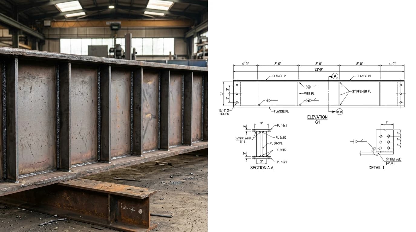 A photo of a deep welded plate girder lying on its side with a row of welded vertical stiffener plates on the left and its shop drawing on the right, showing the girder elevation with a stiffener spacing chain and a section through the web