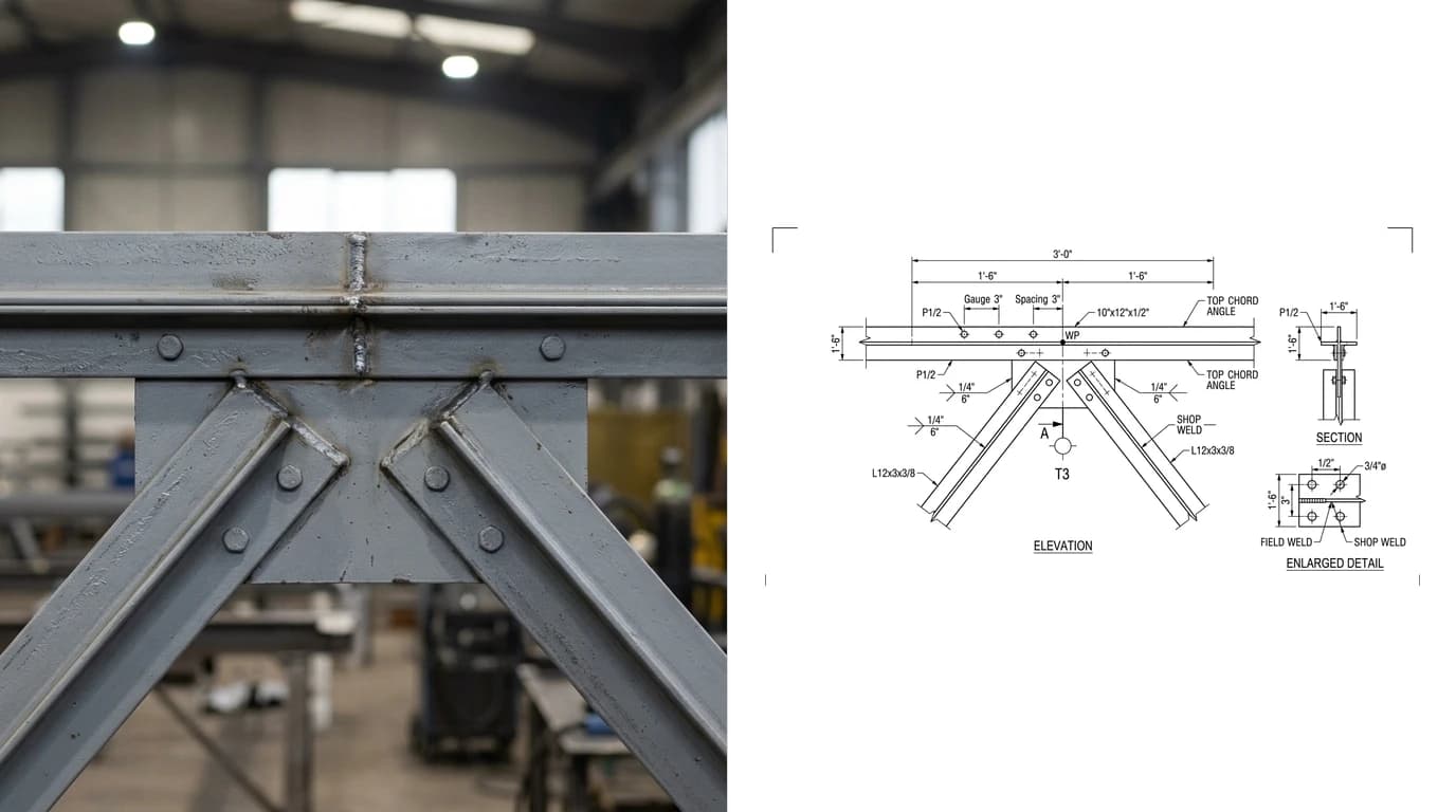 A photo of a welded steel roof truss node where two diagonal web members meet the chord at a connector plate on the left and its shop drawing on the right, showing the node elevation with converging centre lines, weld symbols and piece mark T3
