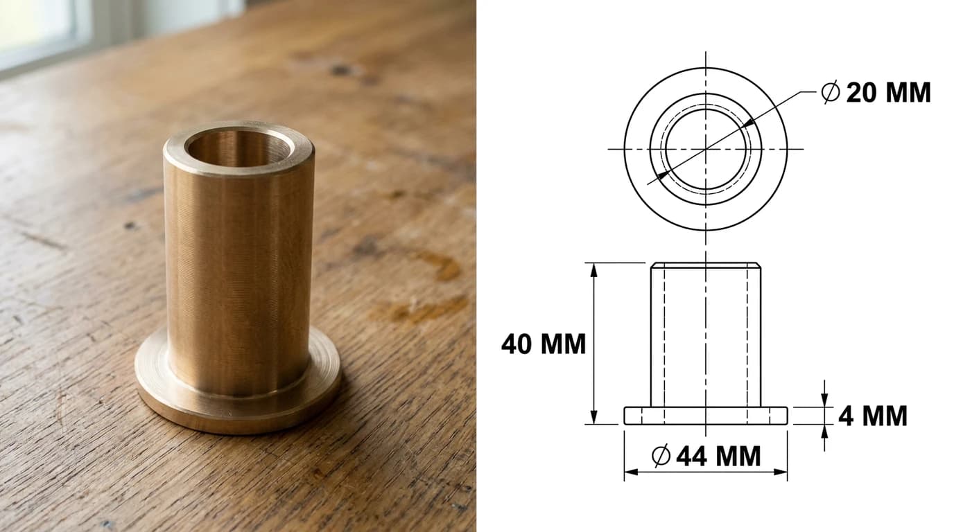 A photo of a bronze flanged sleeve bushing on a workbench on the left and, on the right, the dimensioned drawing generated from it: 40 mm overall length, a 44 mm flange 4 mm thick and a 20 mm bore
