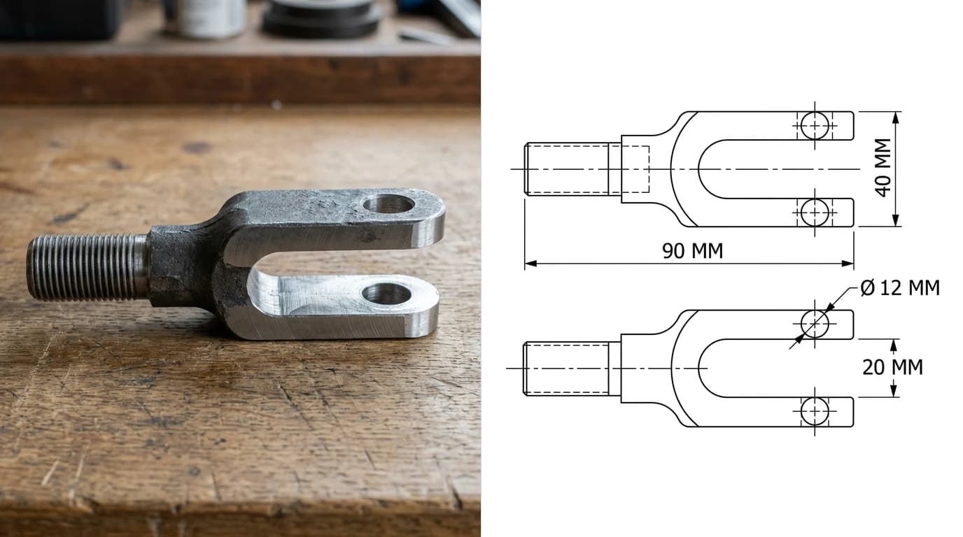 A photo of a forged steel clevis fork end on a workbench on the left and, on the right, the dimensioned drawing generated from it: 90 mm overall length, 40 mm fork width, a 20 mm gap between the prongs and a 12 mm pin hole
