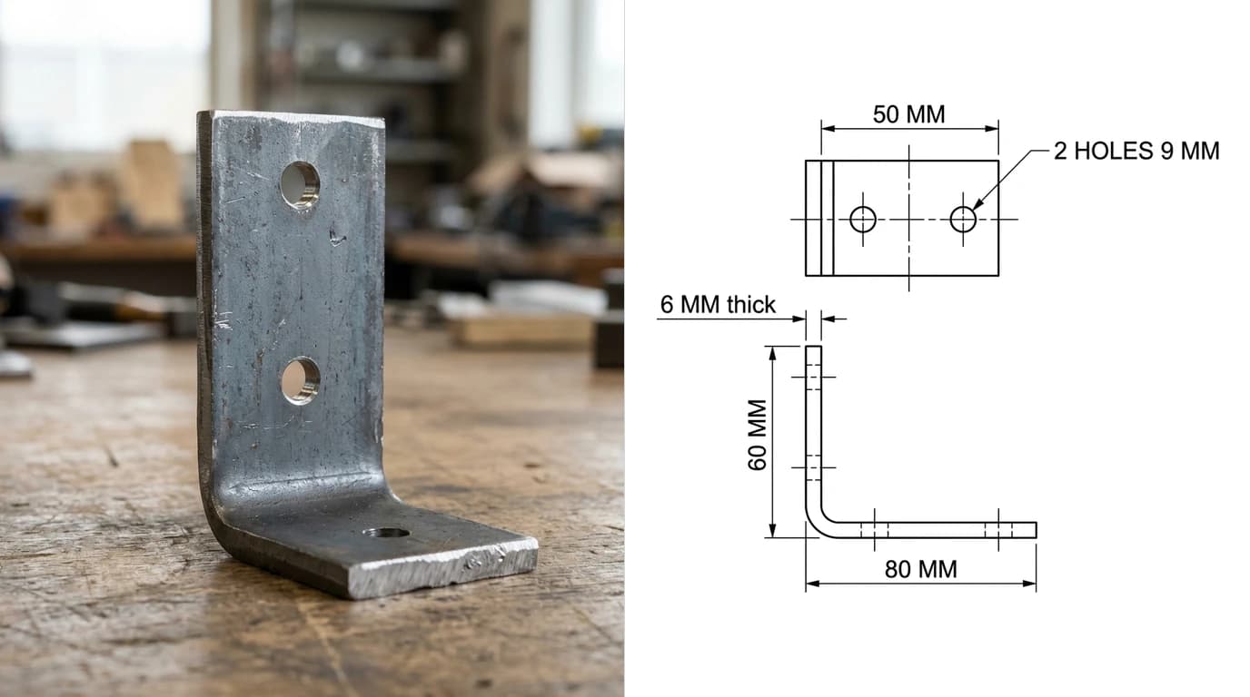 A photo of a steel angle bracket with a radiused corner on a workbench on the left and, on the right, the dimensioned drawing generated from it: 80 mm and 60 mm legs, 6 mm thick, 50 mm wide, with two 9 mm holes