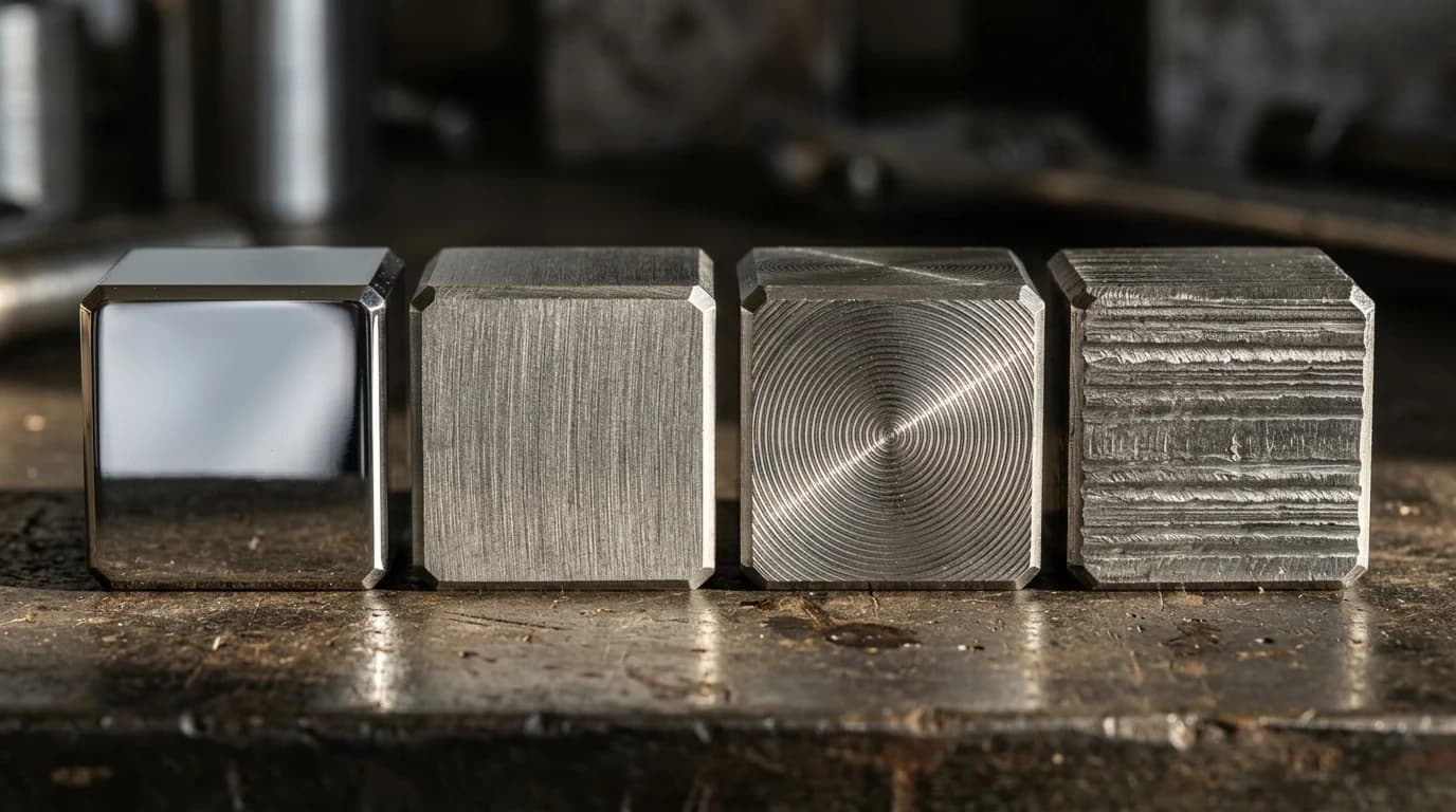 A macro photo of four small steel blocks side by side with different surface finishes: mirror-polished, fine-ground, turned and coarse-milled