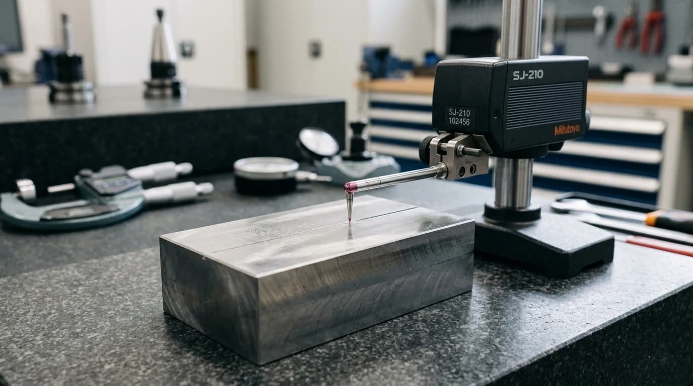 A benchtop surface-roughness tester with its stylus probe traversing the machined face of a steel part