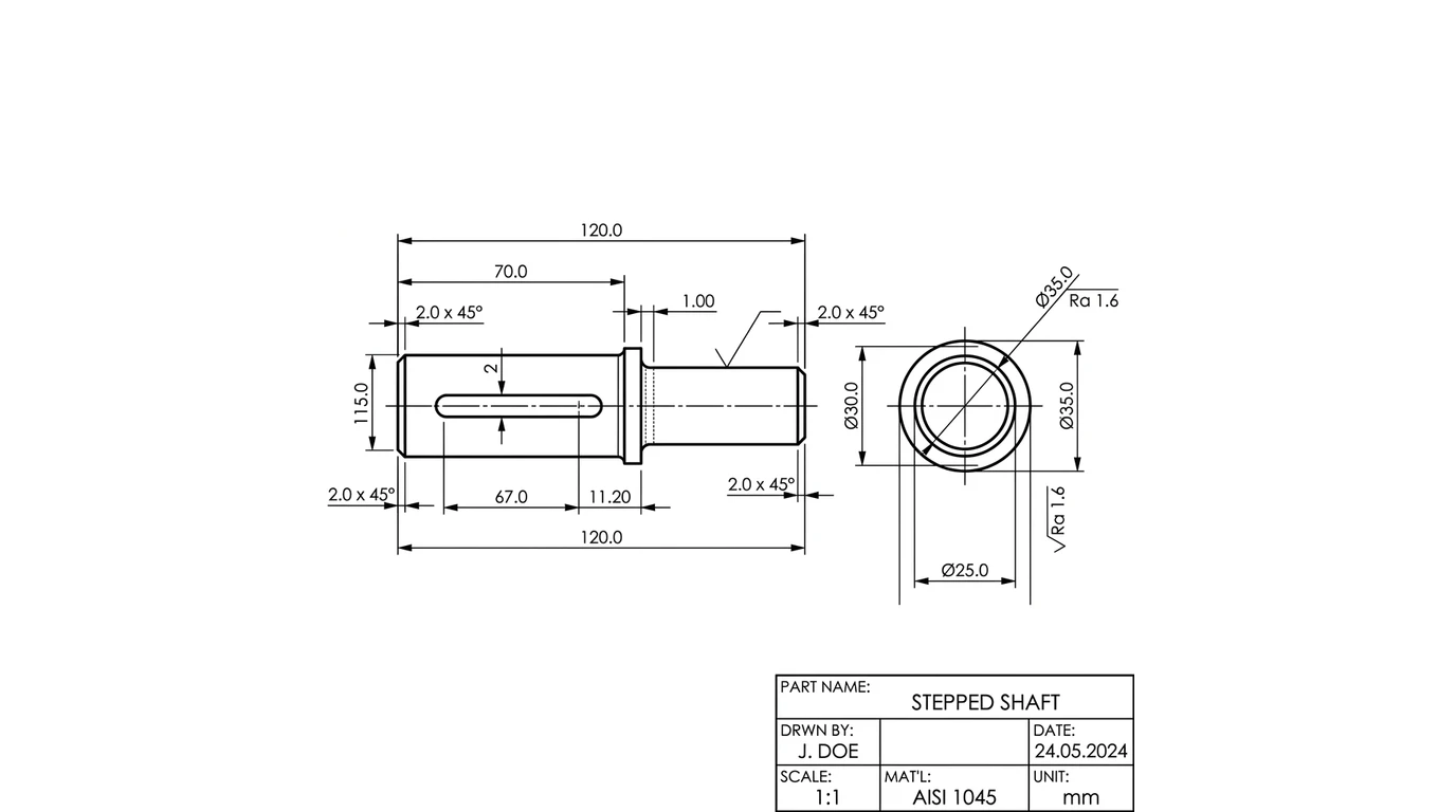 A technical drawing of a ground steel shaft with diameters, a keyway and a surface finish callout on the ground diameter