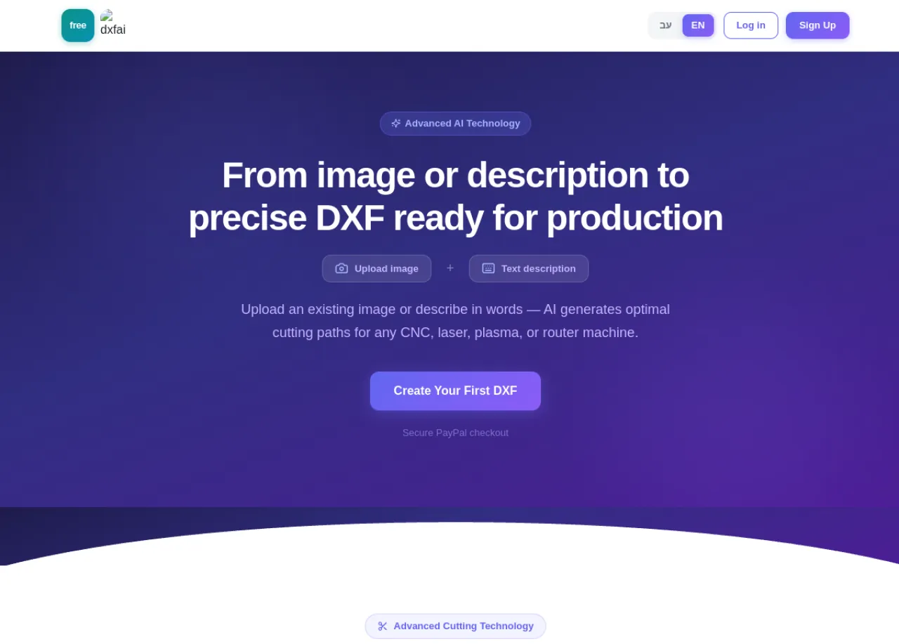 AiDXF AI-powered image to DXF converter landing page