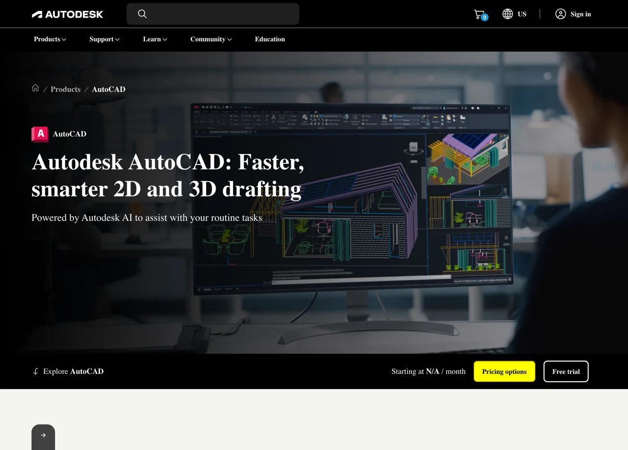 AutoCAD product landing page showing 2D and 3D drafting software by Autodesk