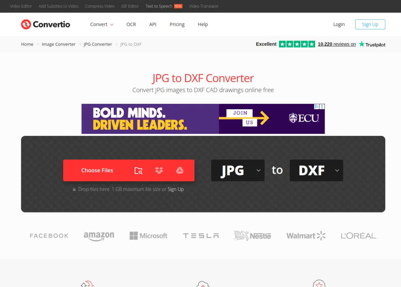 Convertio JPG to DXF converter landing page