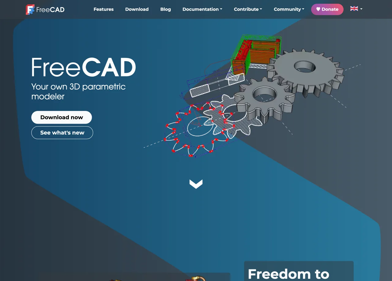 FreeCAD free and open-source parametric 3D modeler landing page