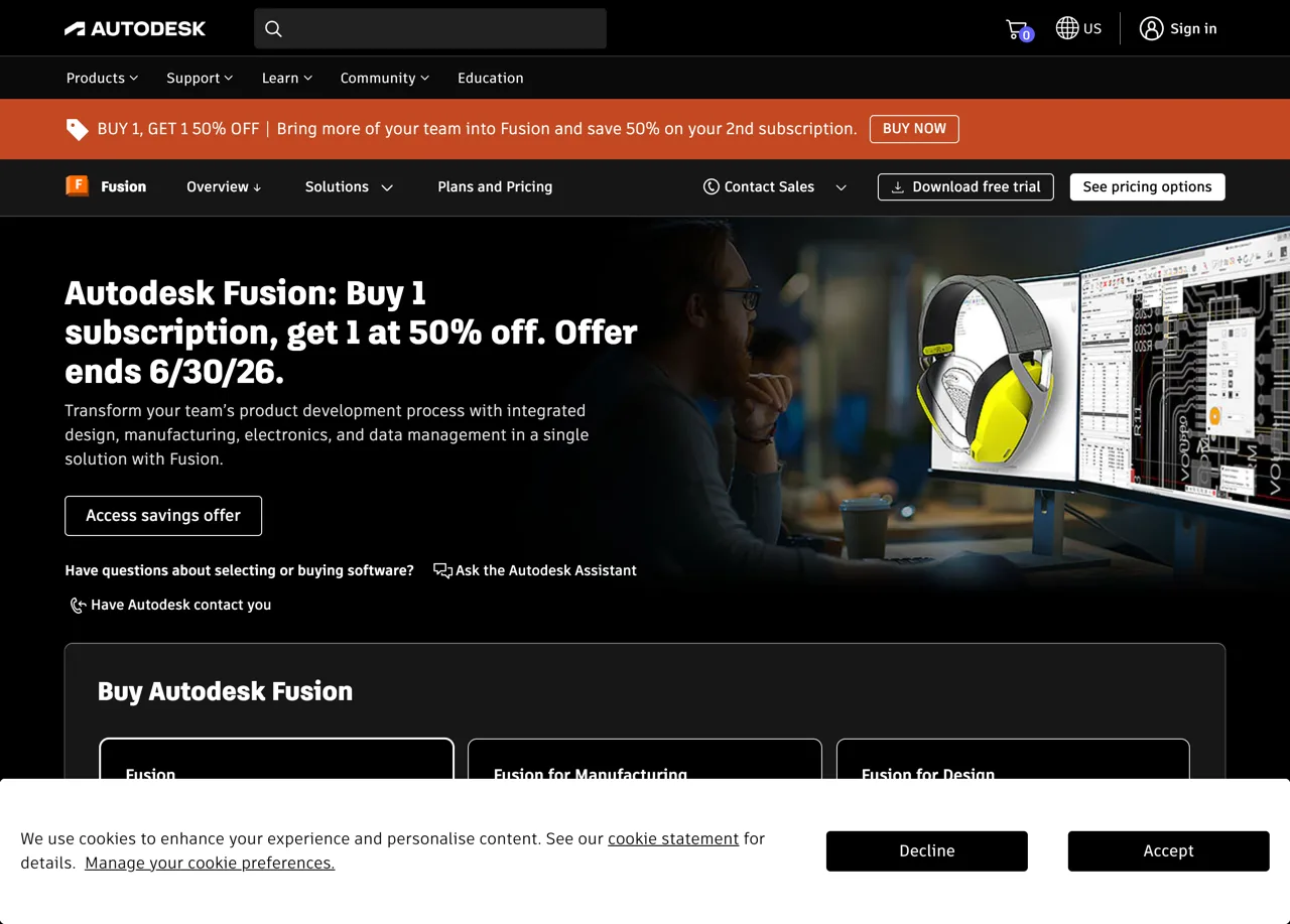 Autodesk Fusion 360 cloud-based 3D CAD, CAM and CAE software landing page