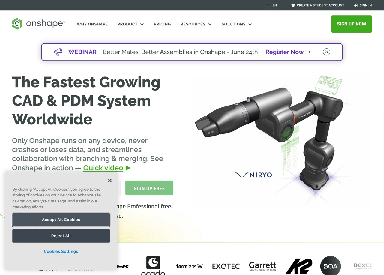 Onshape cloud CAD and PDM system landing page running entirely in the browser