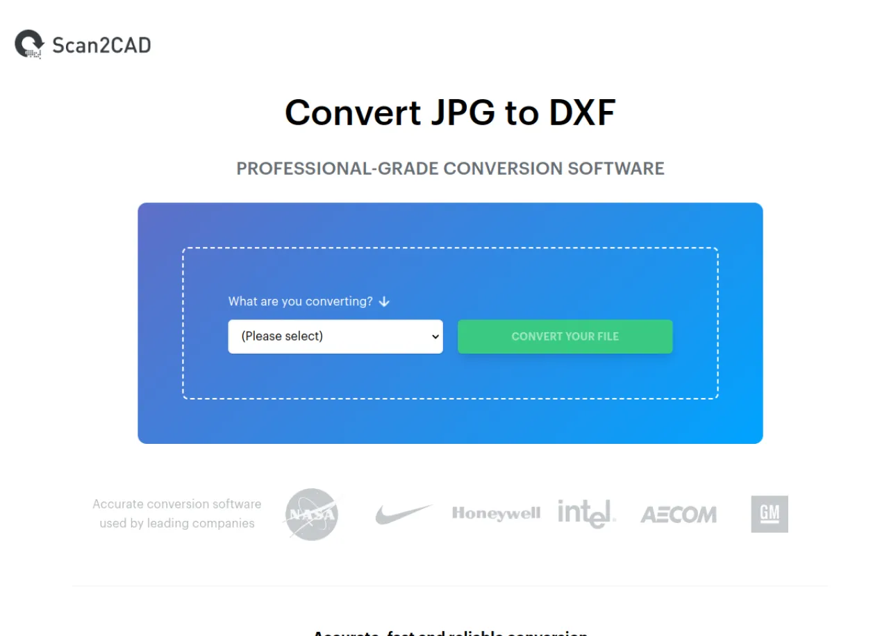 Scan2CAD convert JPG to DXF landing page