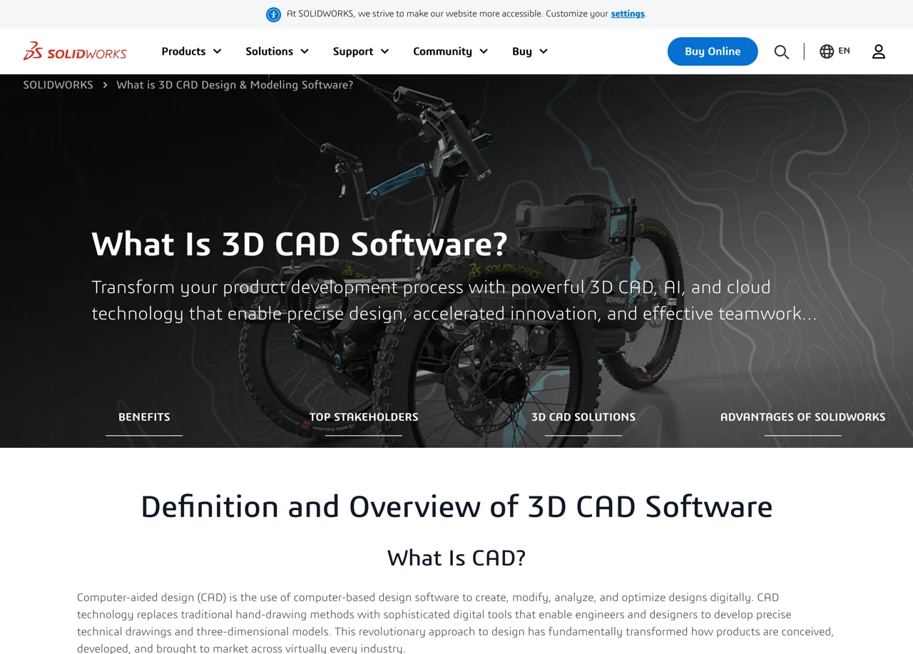 SolidWorks 3D CAD design and modeling software landing page by Dassault Systèmes