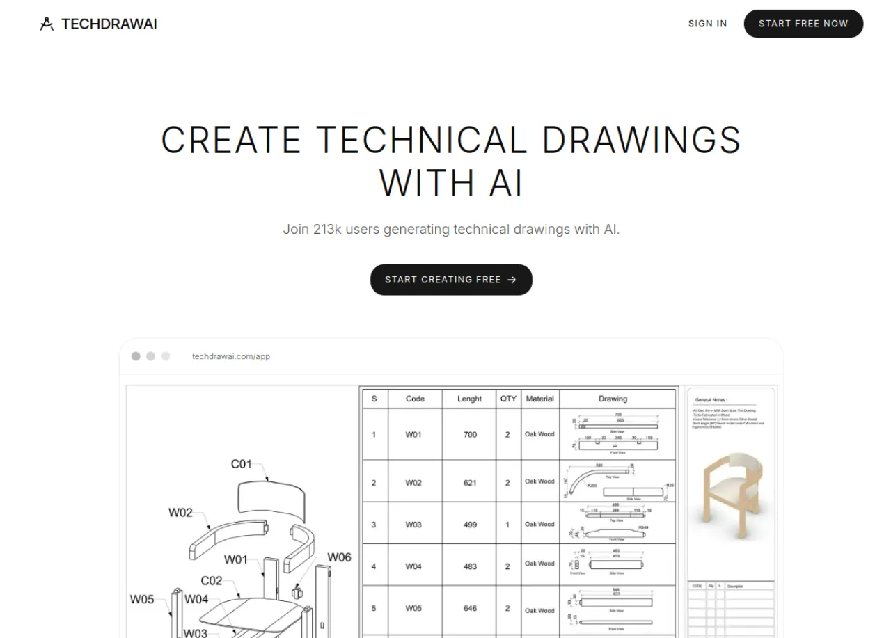 TechDraw AI landing page: turn a photo of a part into a dimensioned technical drawing and export to DXF