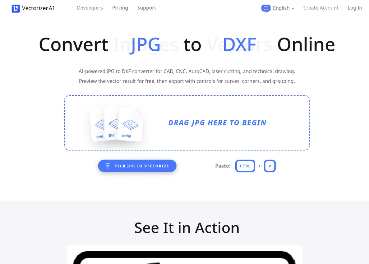 Vectorizer.AI JPG to DXF converter landing page