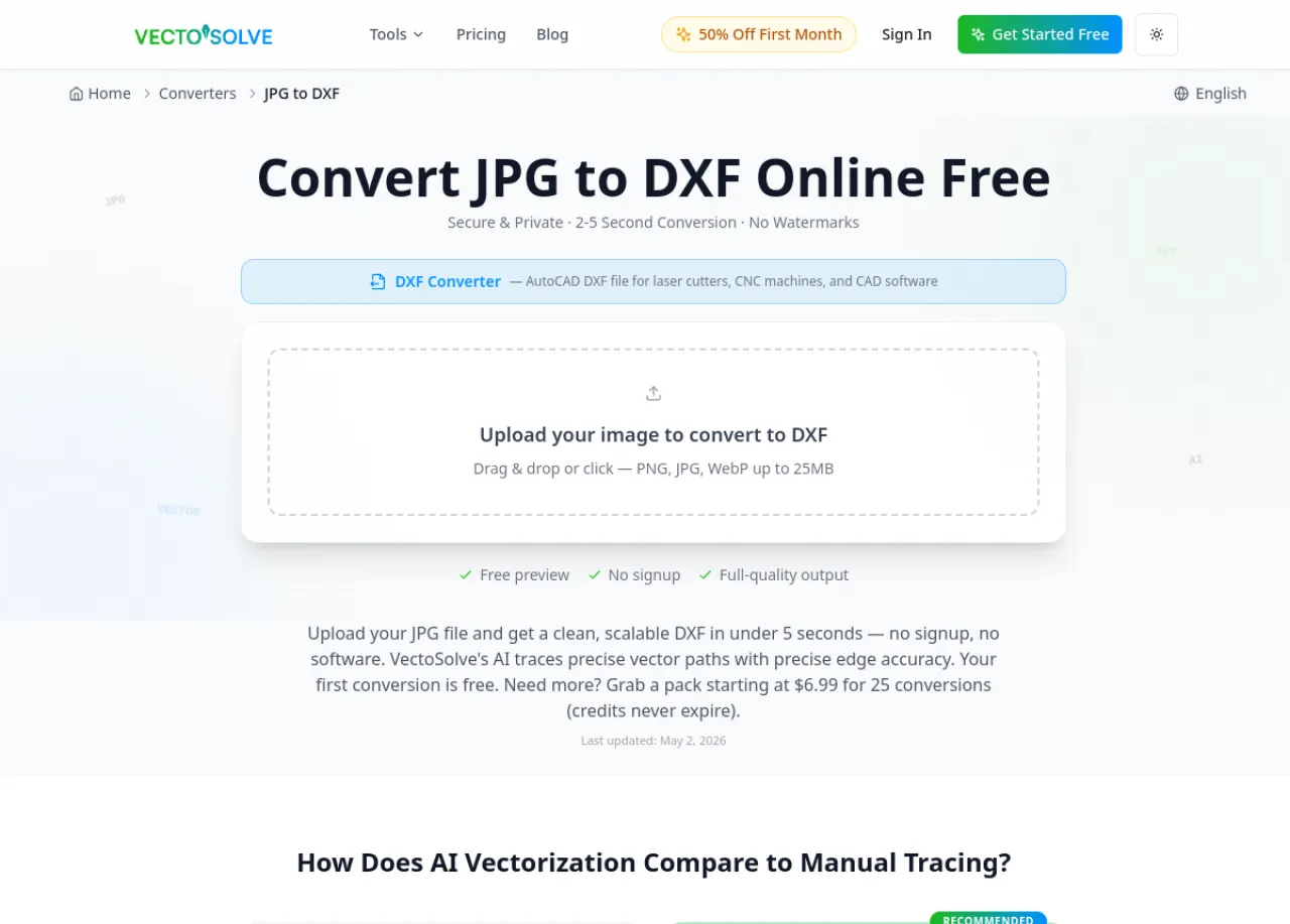 VectoSolve JPG to DXF converter landing page
