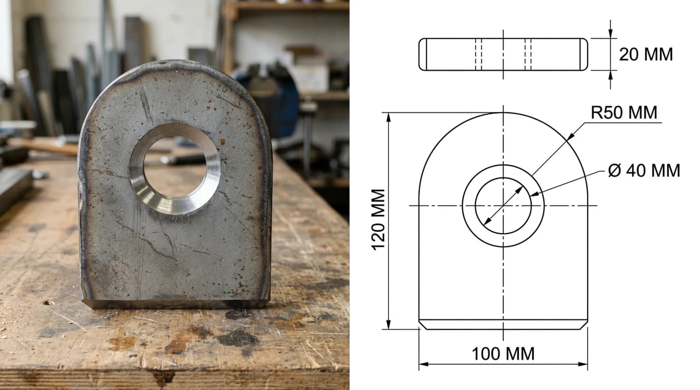 A photo of a flame-cut steel lifting lug on a workbench on the left and, on the right, the two-view drawing generated from it: 120 mm high, 100 mm wide, 20 mm thick, a 40 mm hole and an R50 top radius
