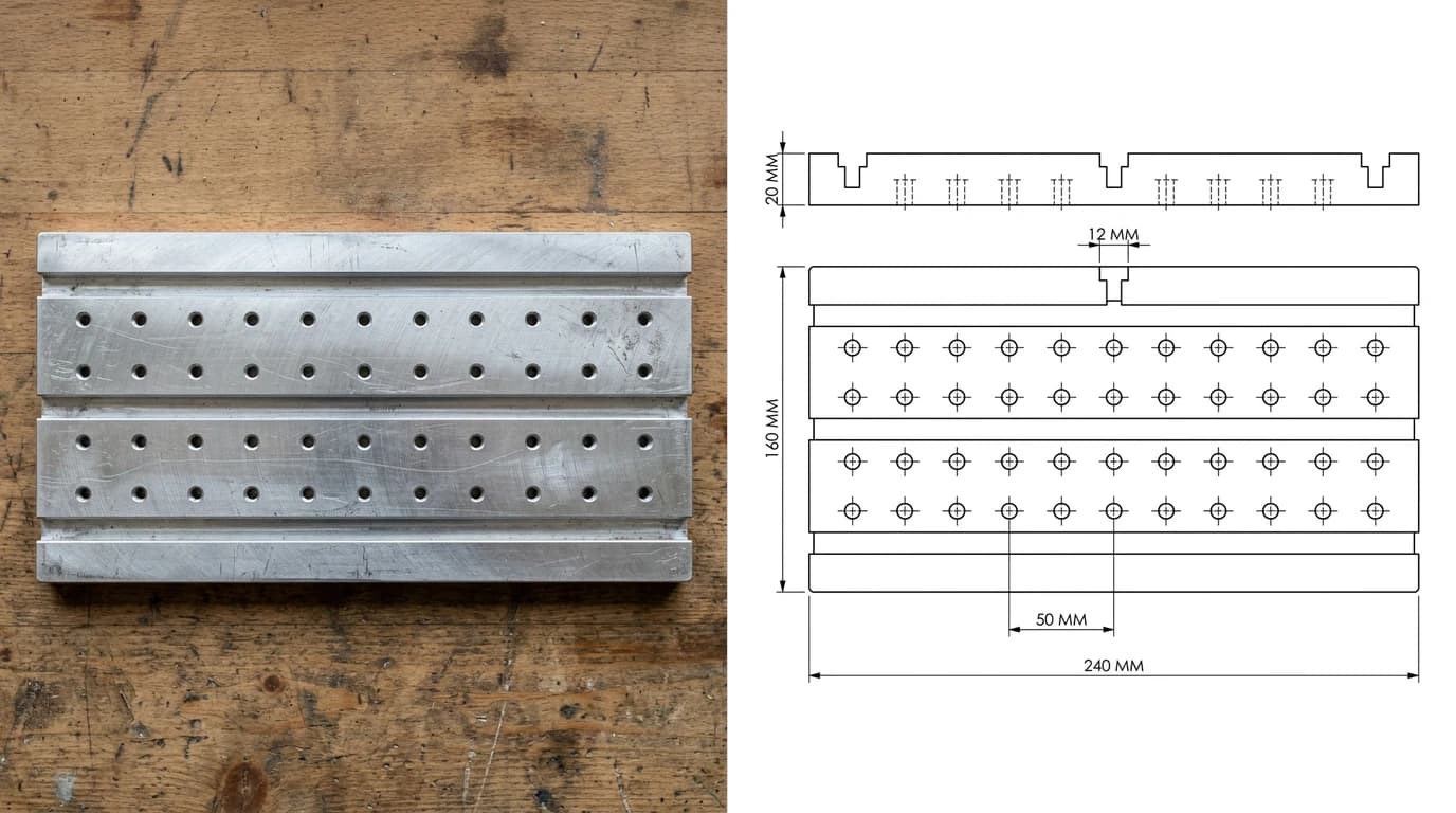 A photo of a milled aluminium T-slot fixture plate on a workbench on the left and, on the right, the plan and edge view generated from it: 240 by 160 mm, 20 mm thick, three T-slots 12 mm wide at the top and a hole grid on a 50 mm pitch