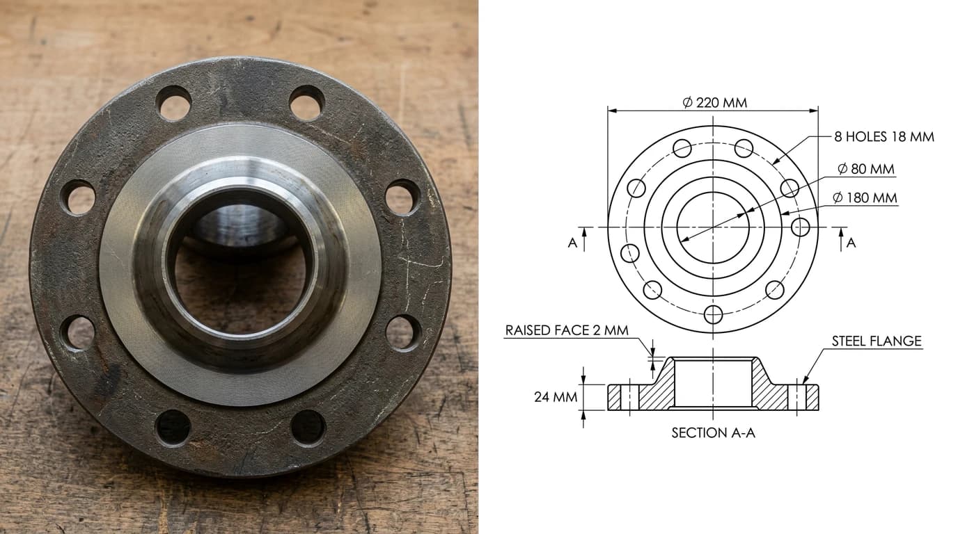 A photo of a steel weld-neck pipe flange on a workbench on the left and, on the right, the dimensioned face view and section generated from it: 220 mm outside diameter, 180 mm bolt circle, eight 18 mm holes, 80 mm bore, 24 mm thick