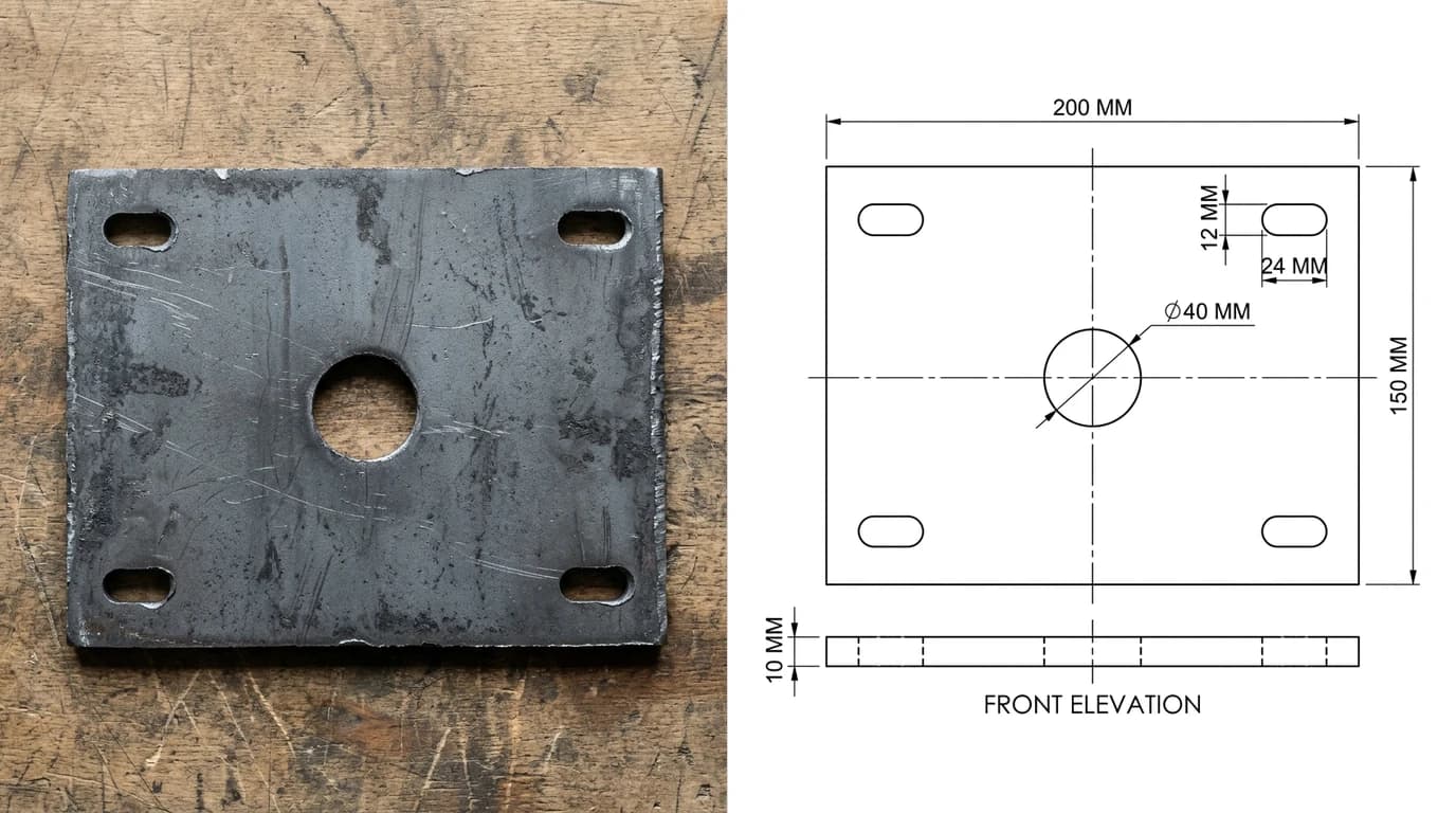 A photo of a slotted steel base plate on a workbench on the left and, on the right, the dimensioned plan and edge view generated from it: 200 by 150 mm plate, 10 mm thick, a 40 mm centre hole and four 12 by 24 mm slots
