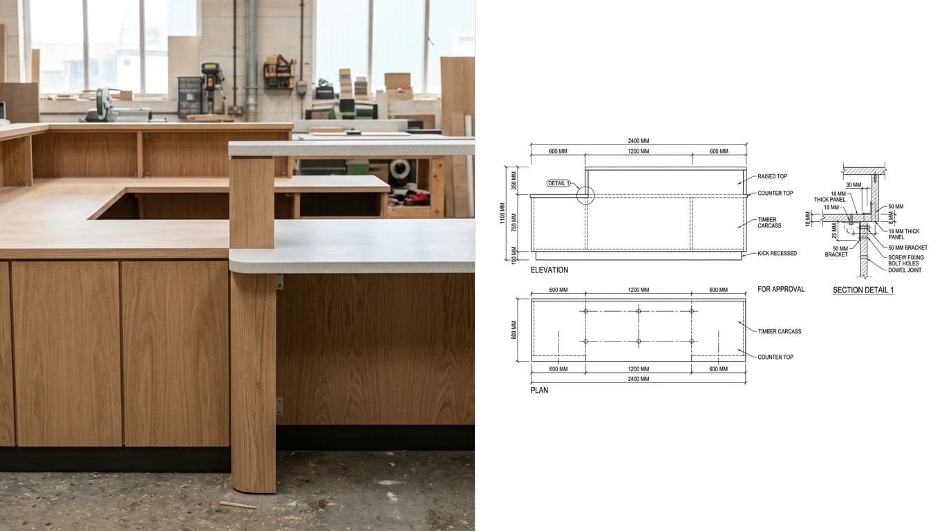 A photo of an oak veneered reception desk with a raised transaction top in a joinery workshop on the left and its shop drawing on the right, showing elevation, plan, counter heights and an enlarged detail of the raised top junction