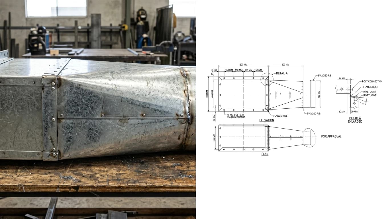 A photo of a galvanised sheet metal duct transition piece with a bolted flange on a workshop bench on the left and its shop drawing on the right, showing elevation, plan, dimensions in millimetres and an enlarged flange corner detail