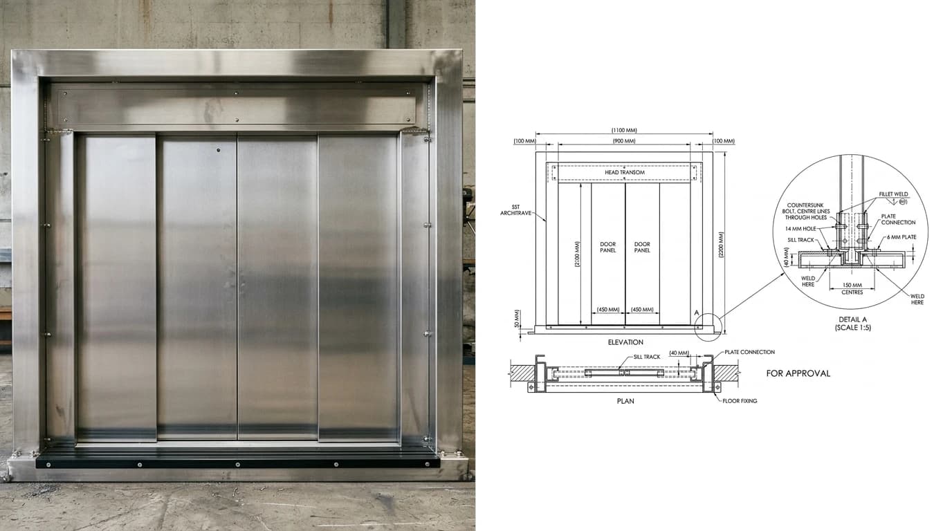 A photo of a stainless steel lift landing door frame assembly standing in a workshop on the left and its shop drawing on the right, showing the frame elevation, the clear opening dimensions and an enlarged sill track section