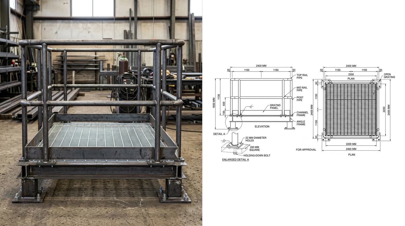 A photo of a fabricated steel access platform with open grating and a tubular handrail in a fabrication shop on the left and its shop drawing on the right, showing the platform elevation, plan, handrail heights and an enlarged base cleat detail