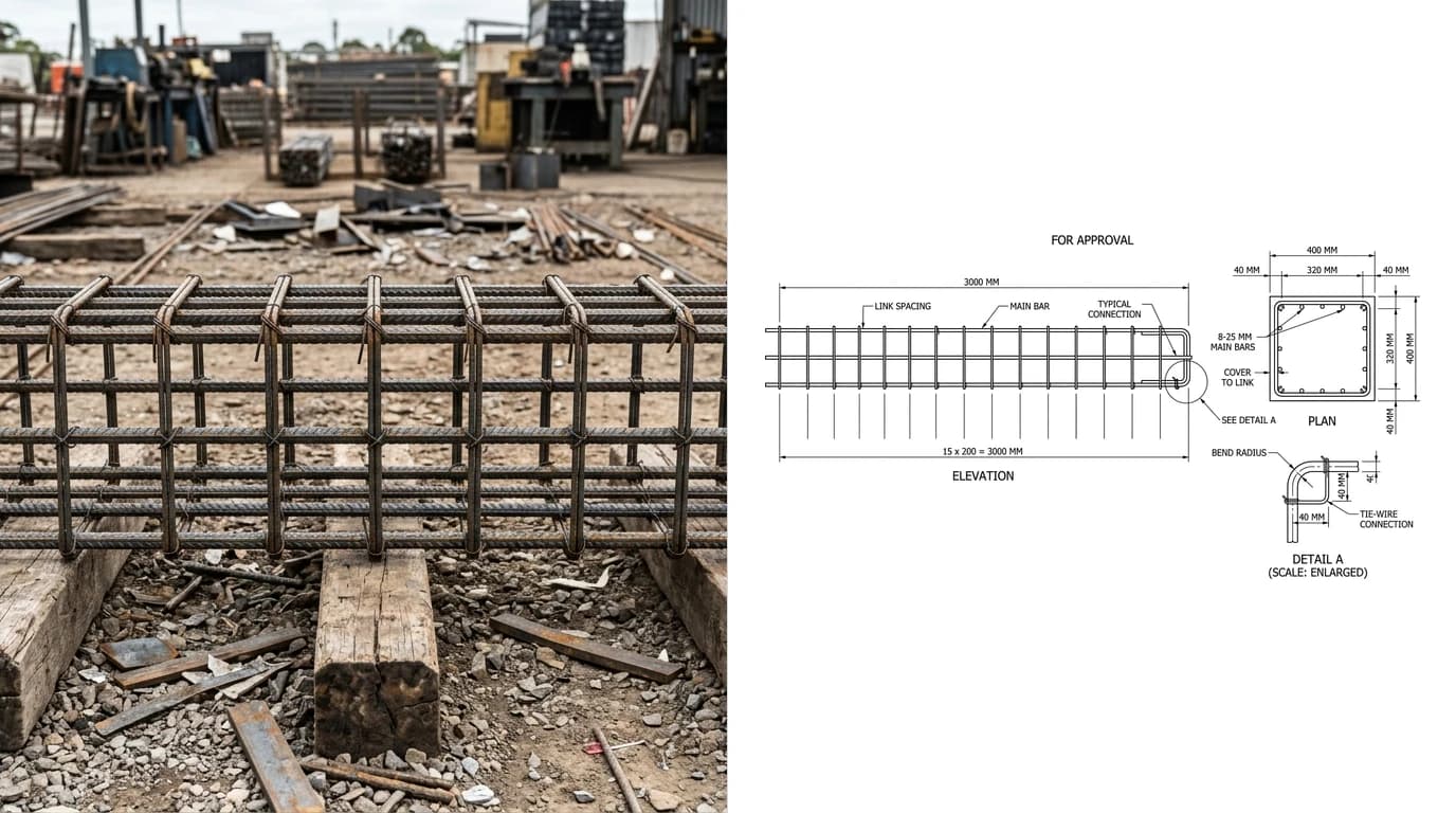 A photo of a prefabricated steel reinforcement cage for a concrete column lying on timber bearers on the left and its shop drawing on the right, showing the cage elevation, the link spacing chain and an enlarged link corner bend detail