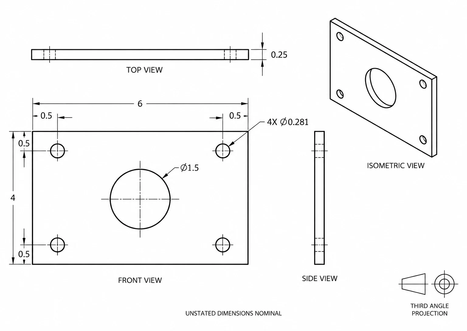 Technical drawing of an aluminum mounting plate 6 by 4 by 0.25 inches with four 0.281 holes and a 1.5 bore, in third angle projection