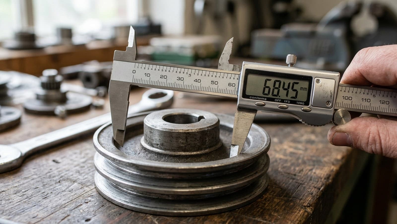 A caliper measuring a stepped V-belt pulley