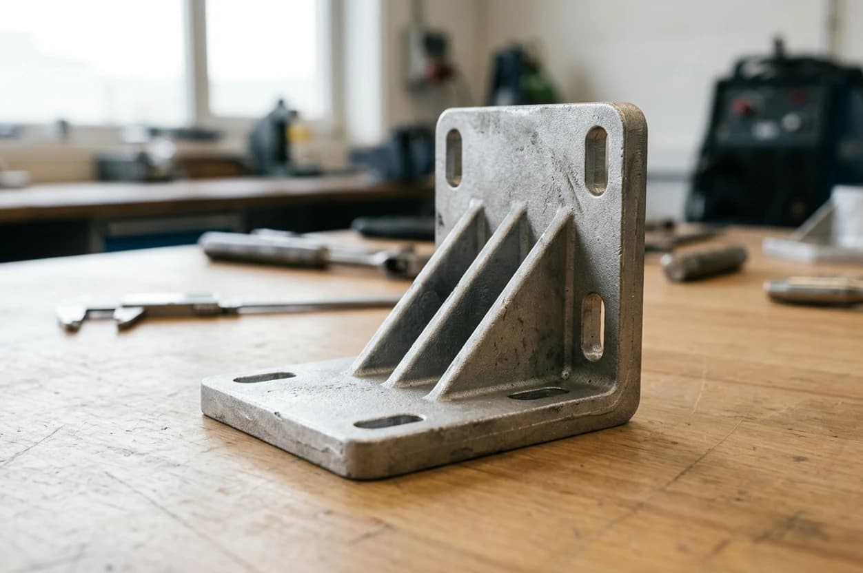 Photo of a cast aluminium L-shaped motor mount bracket on a workbench