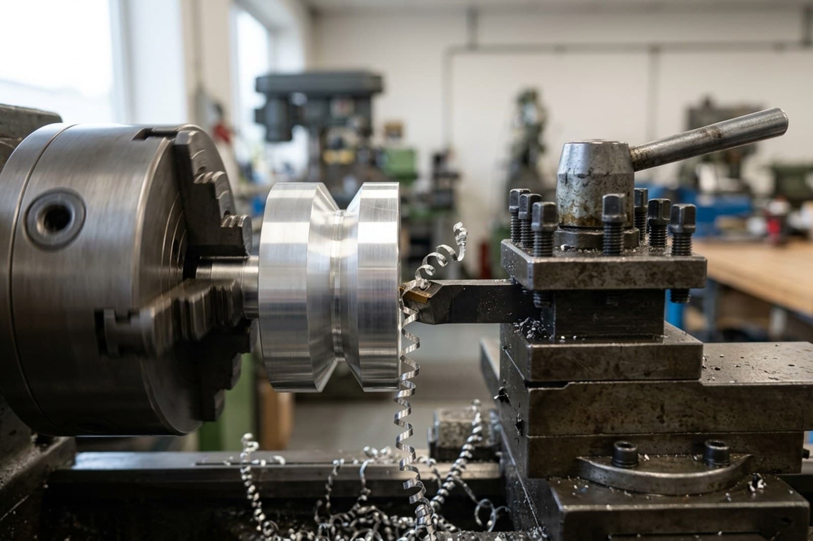 A round part being turned on a lathe, revolved from a half-section