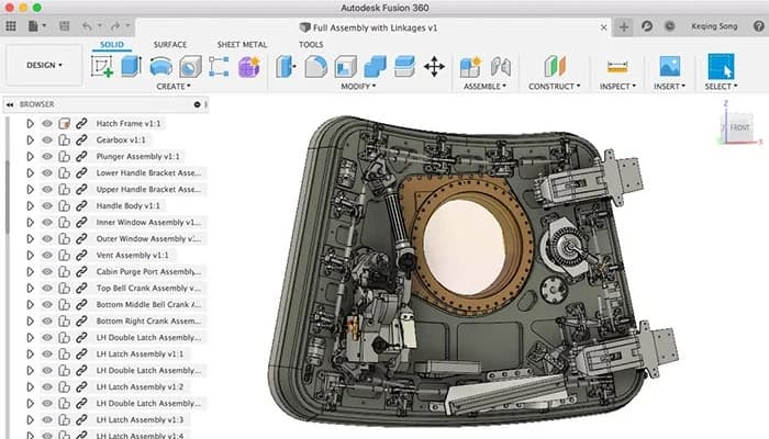A full mechanical assembly with linkages in Autodesk Fusion 360