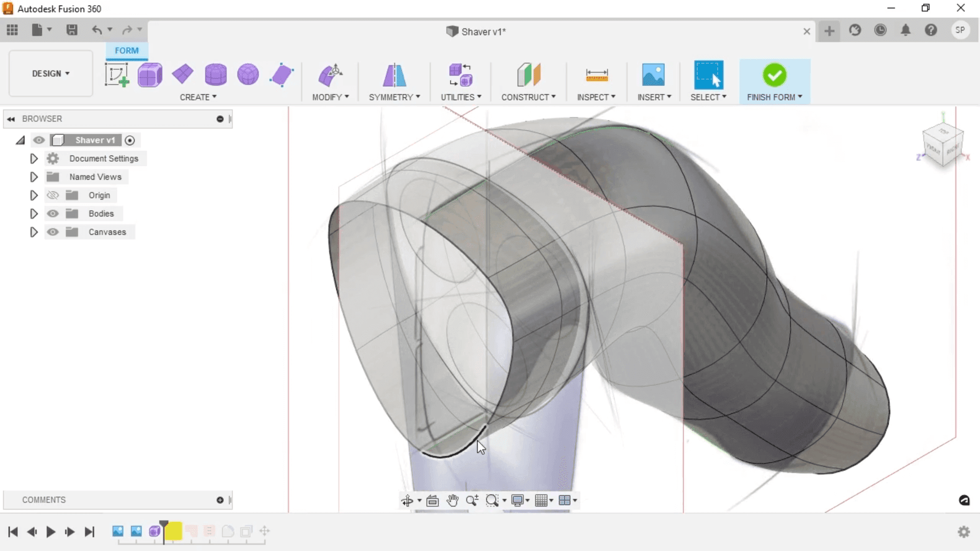 A swept form being modelled from a profile in Autodesk Fusion 360