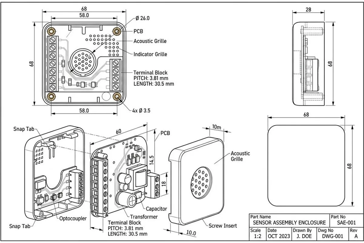 Technical drawing of a printed enclosure made by TechDraw AI