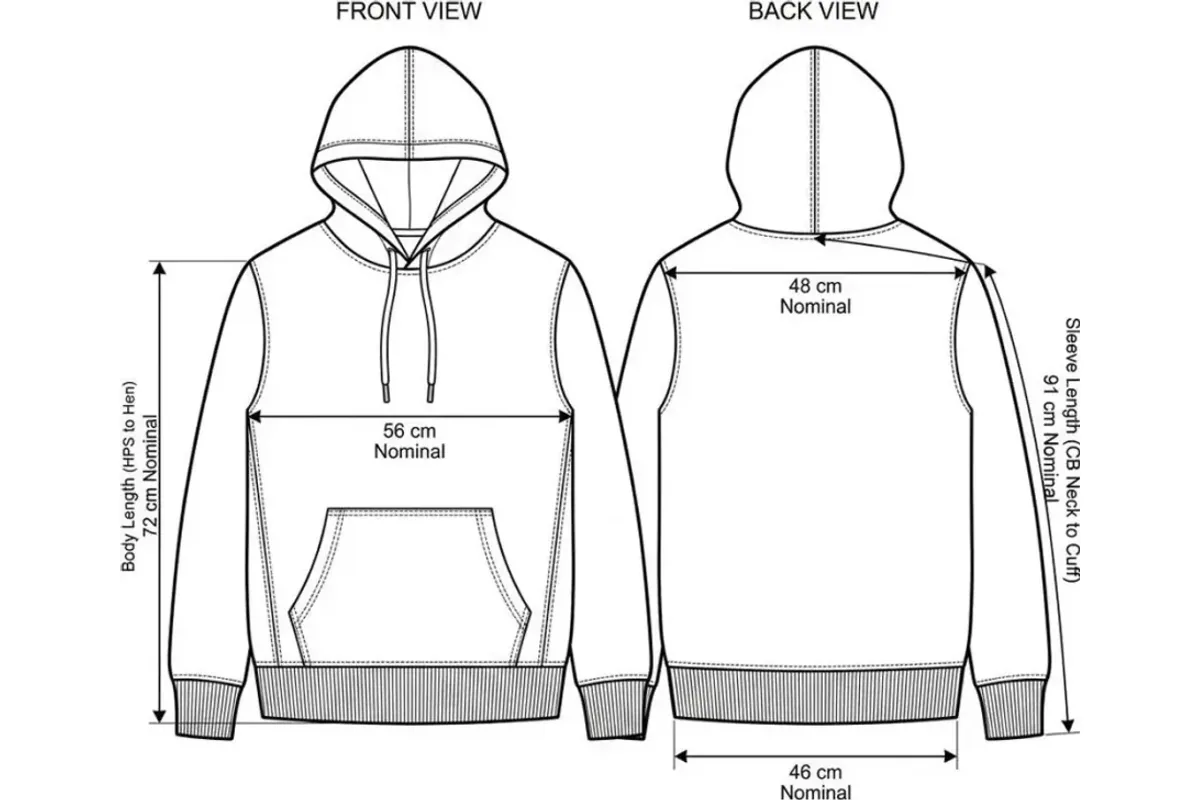 Technical drawing of a pullover hoodie made by TechDraw AI