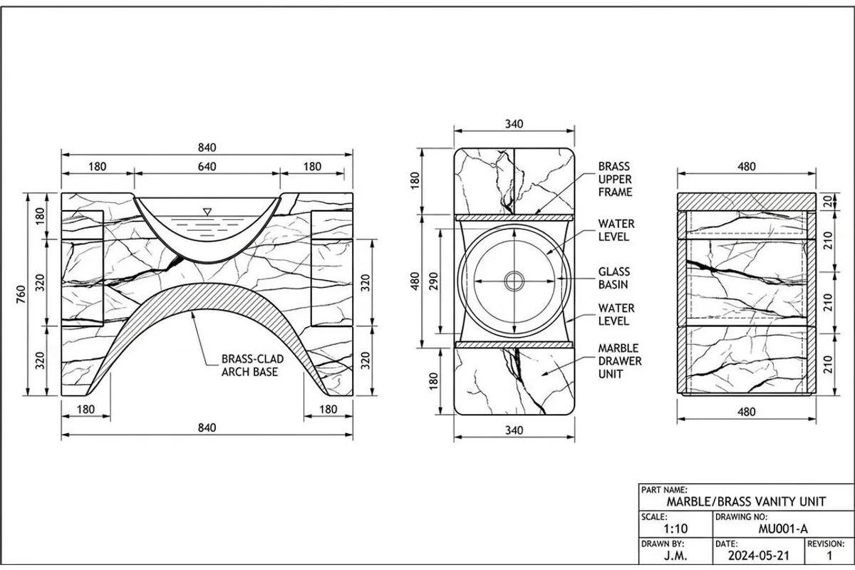 Technical drawing of a stone console made by TechDraw AI