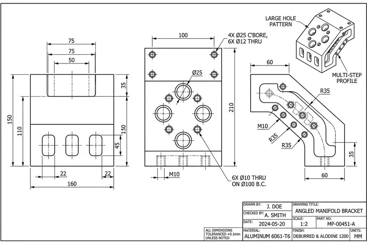 Technical drawing of a manifold block made by TechDraw AI