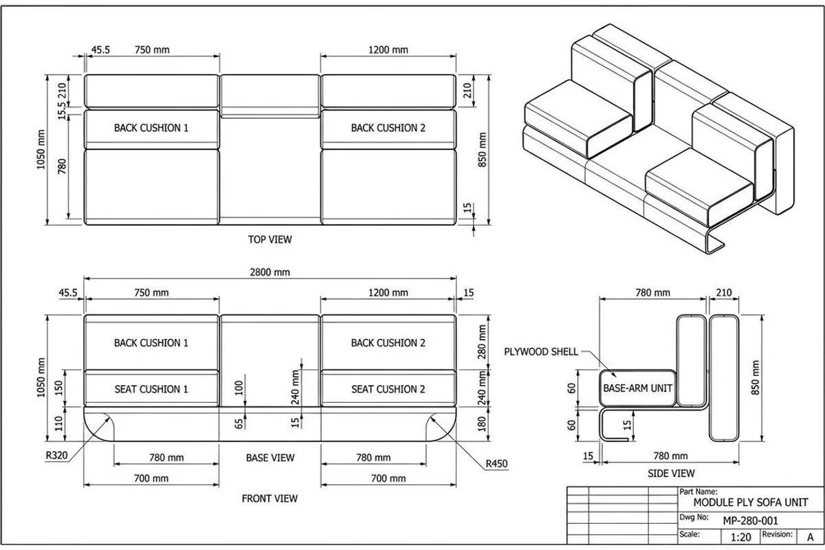 Technical drawing of a modular sofa made by TechDraw AI