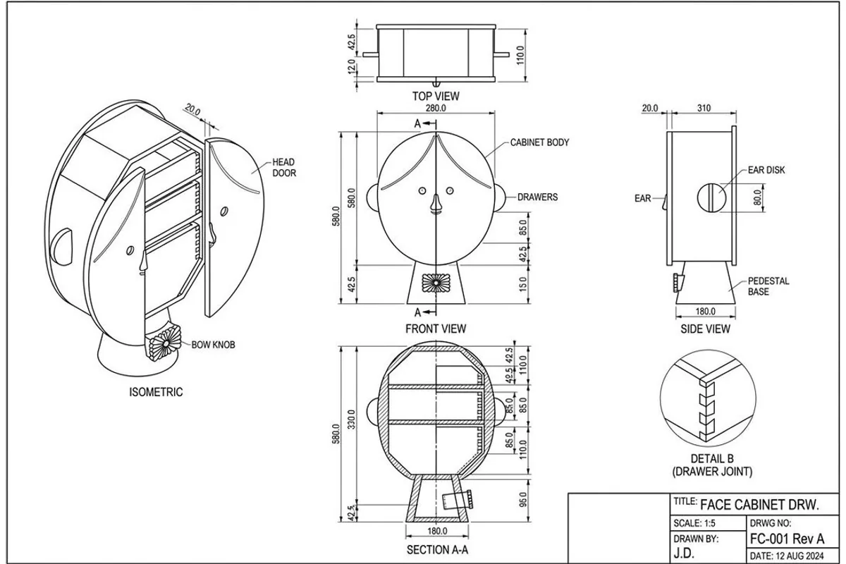 Technical drawing of a plywood cabinet made by TechDraw AI
