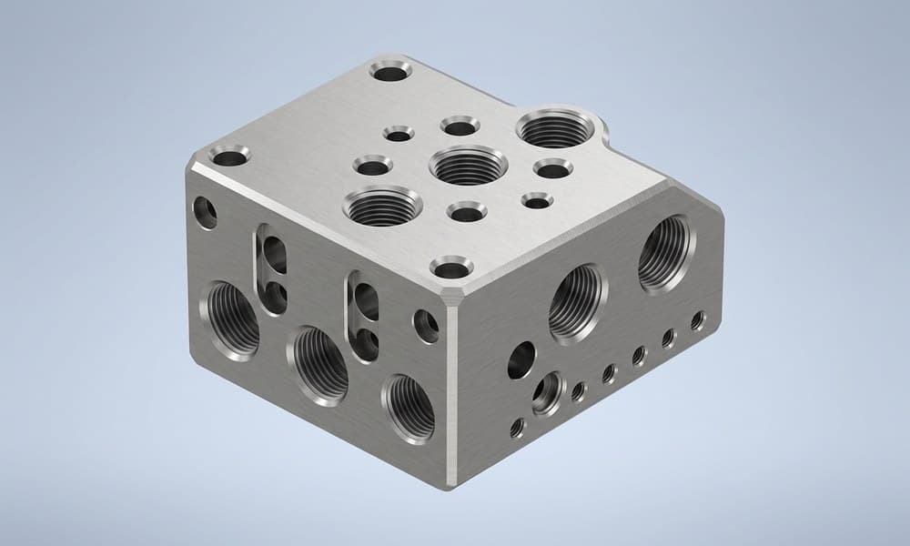 A machined aluminium hydraulic manifold block modelled in Inventor