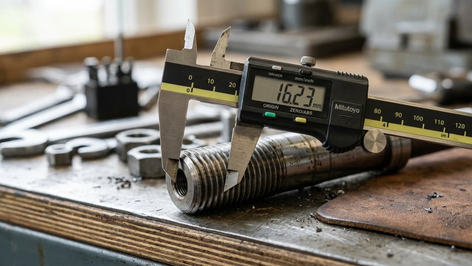 A caliper measuring a threaded adjustment spindle