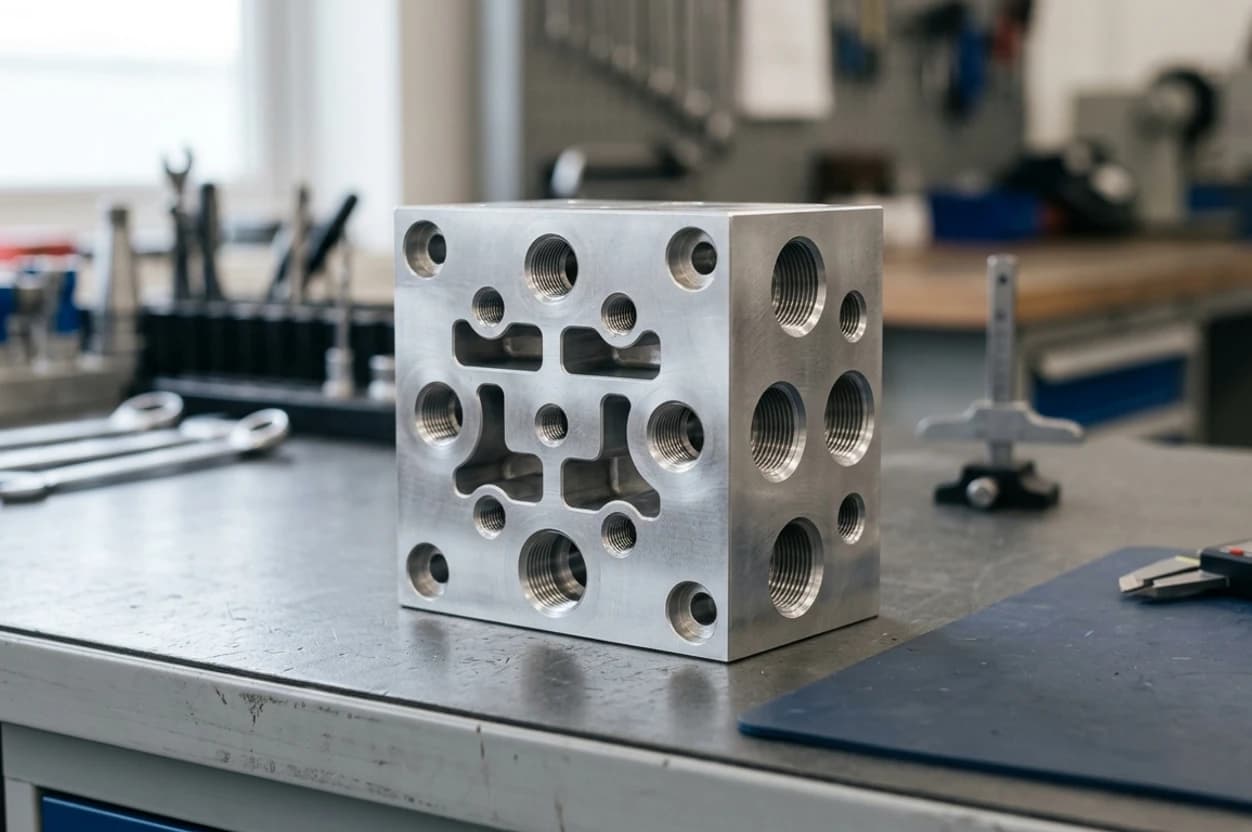 Photo of a machined hydraulic manifold block on a workbench