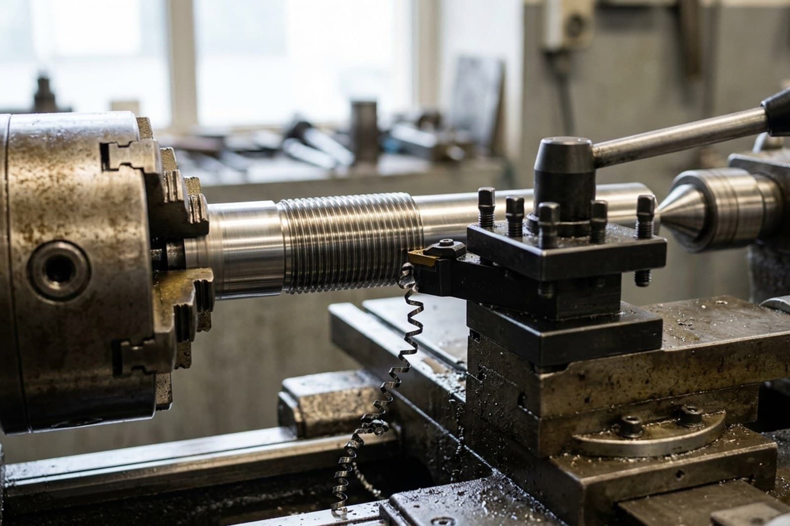 A round part being turned on a lathe, revolved from a half-section
